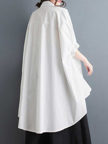 Half Sleeves High-Low Buttoned Pleated Solid Color Three-Dimensional Flower Lapel Blouses&Shirts Tops