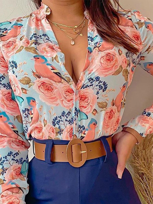 Long Sleeves Buttoned Flower Print Deep V-Neck Shirts Top +Belted Shorts Bottom Two Pieces Set