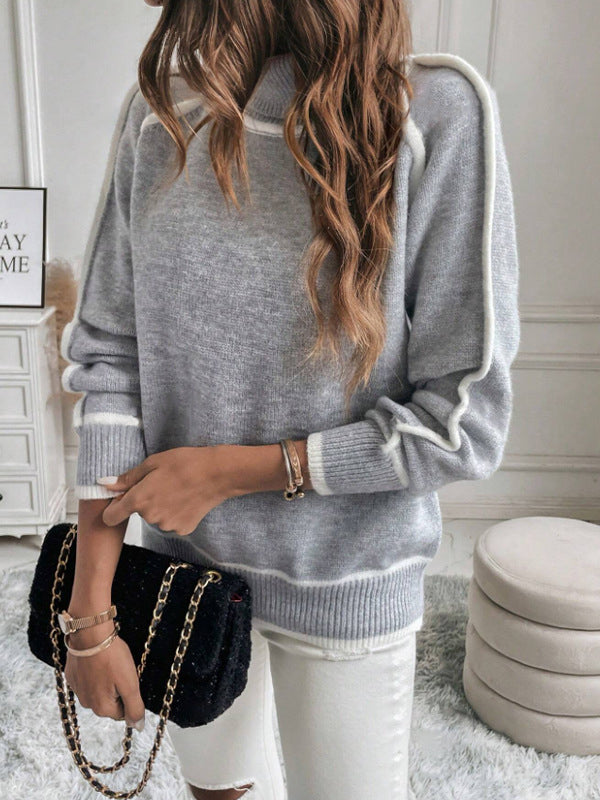 Long Sleeves Loose Contrast Color Split-Joint High Neck Sweater Tops