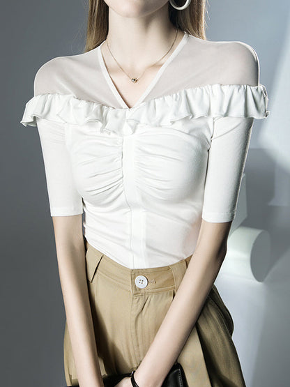 Half Sleeves Skinny Pleated Ruffle Trim Solid Color Split-Joint V-Neck T-Shirts Tops