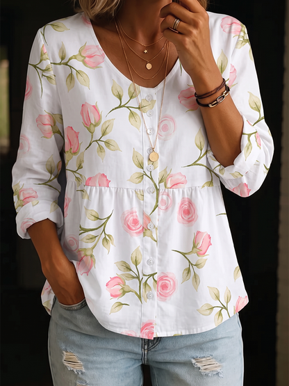 Long Sleeves Loose Buttoned Flower Print V-Neck Blouses&Shirts Tops