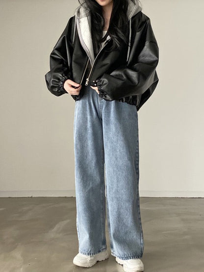 Long Sleeves Loose Drawstring Solid Color Zipper Stand Collar Jackets Outerwear