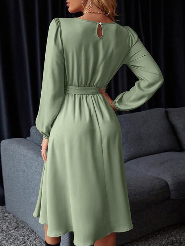 Loose Puff Sleeves Elasticity Pleated Solid Color Split-Joint Tied Waist Round-Neck Midi Dresses