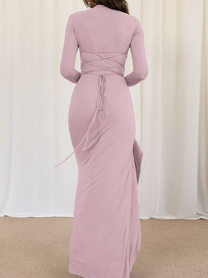 Bodycon High Waisted Asymmetric Pleated Ruffled Solid Color Split-Joint Round-Neck Maxi Dresses