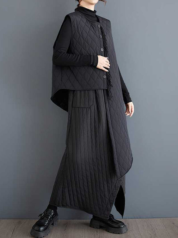 High Waisted Loose Asymmetric Elasticity Pockets Quilted Solid Color Skirts Bottoms