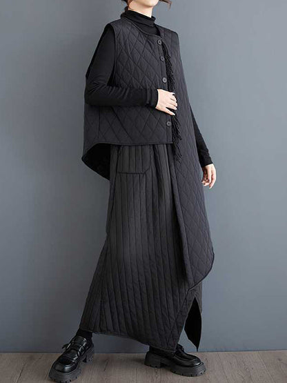 High Waisted Loose Asymmetric Elasticity Pockets Quilted Solid Color Skirts Bottoms