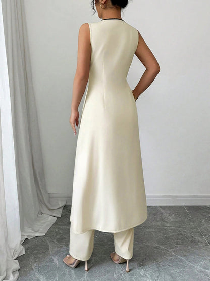 Sleeveless Deep V-Neck Tied Contrast Color Blouses&shirts Tops + Wide Leg Trousers Pants Two Pieces Set