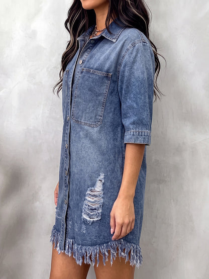 Split-Joint Solid Color Pockets Fringed Buttoned Loose Half Sleeves Lapel Mini Dresses