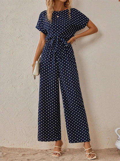 High Waisted Ninth Pants Contrast Color Polka-Dot Split-Joint Tied Waist Round-Neck Jumpsuits