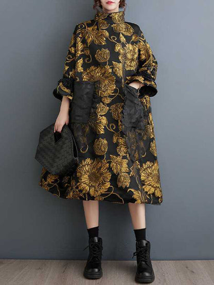A-Line Flared Sleeves Contrast Color Flower Print Jacquard Pockets High Neck Midi Dresses