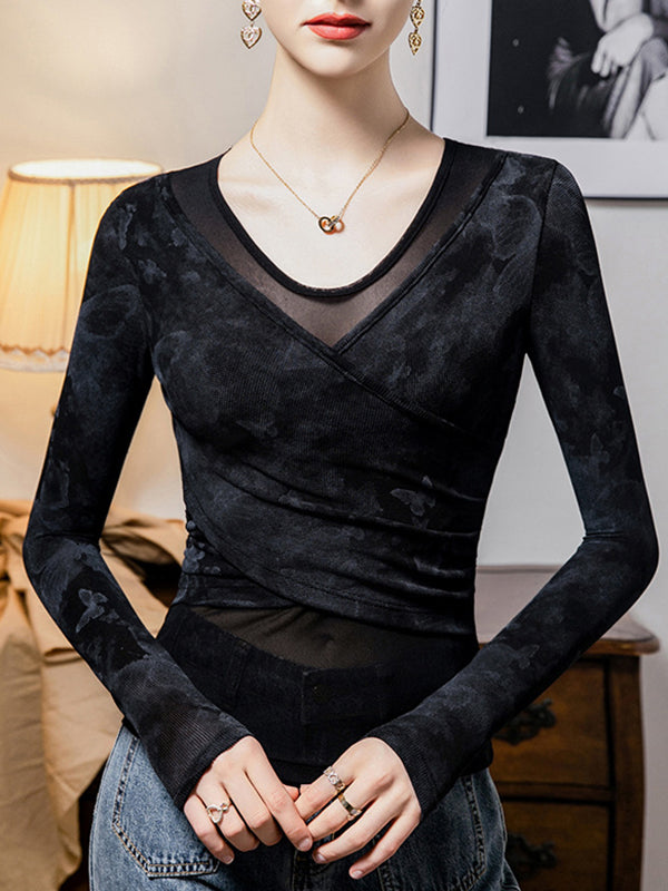 False Two Long Sleeves Split-Joint Tie Dye U-Neck T-Shirts Tops