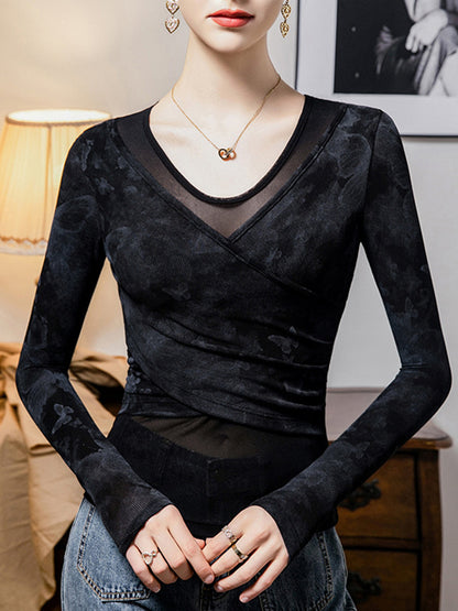False Two Long Sleeves Split-Joint Tie Dye U-Neck T-Shirts Tops