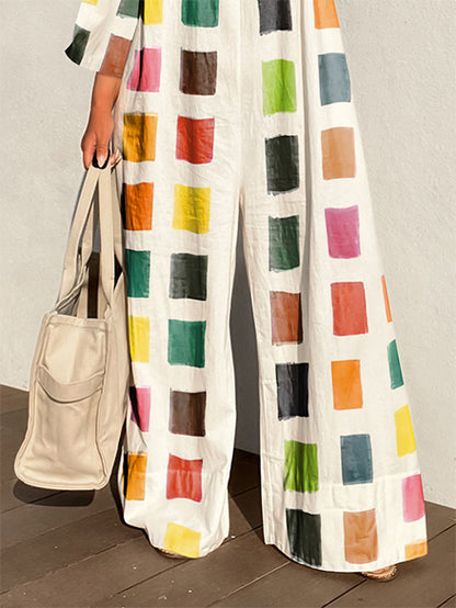 Loose Three-Quarter Sleeves Color-Block Contrast Color Jumpsuits