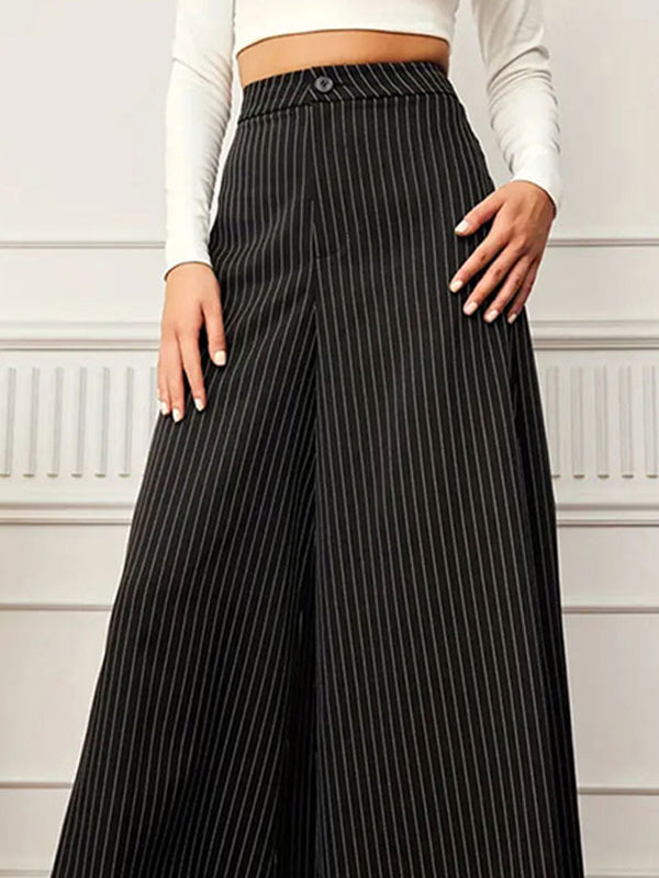 High Waisted Wide Leg Buttoned Split-Joint Striped Pants Trousers