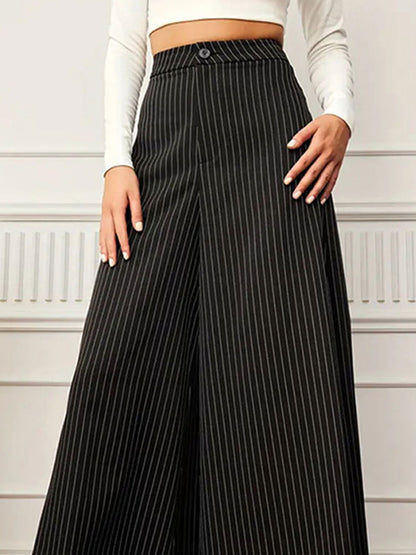 High Waisted Wide Leg Buttoned Split-Joint Striped Pants Trousers