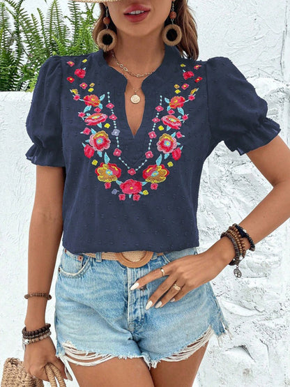 Loose Puff Sleeves Flower-Embellished Contrast Color Jacquard Pleated Ruffled Split-Joint V-Neck Blouses&Shirts Tops