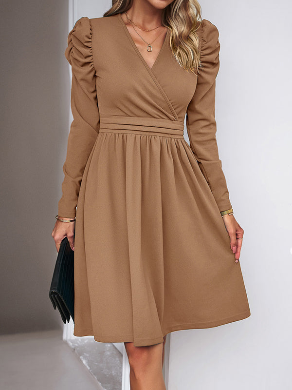 Puff Sleeves Skinny Pleated Solid Color Split-Joint V-Neck Midi Dresses