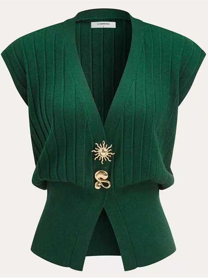 High Waisted Loose Buckle Ribbed Knit Solid Color Split-Joint Split-Side V-Neck Vest Top