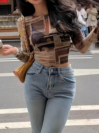 Long Sleeves Skinny Contrast Color Printed Split-Joint Round-Neck T-Shirts Tops