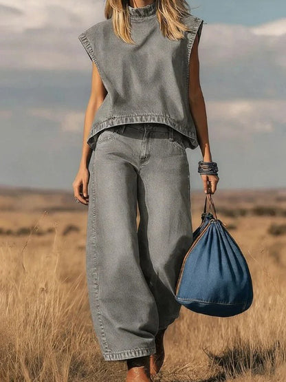 High Waisted Loose Pockets Solid Color Mock Neck Suits Vest Top + Pants Bottom Two Pieces Set