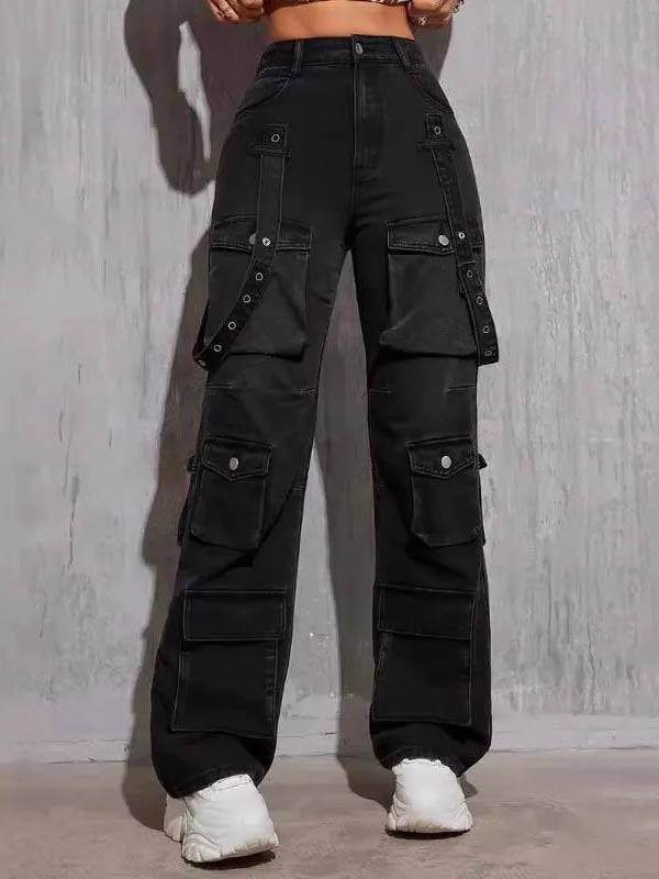 High Waisted Buttoned Pockets Solid Color Jean Pants Bottoms Trousers