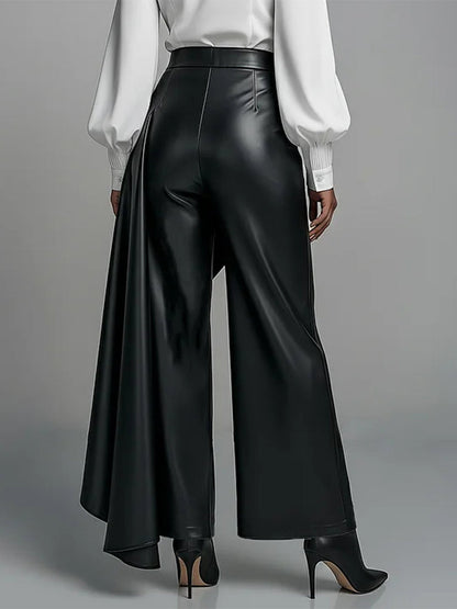High Waisted Wide Leg Buttoned Pleated Solid Color Split-Joint Zipper Pants Trousers