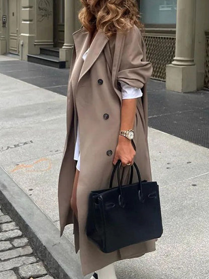 Long Sleeves Loose Buttoned Pockets Solid Color Split-Joint Notched Collar Outerwear Trench Coats