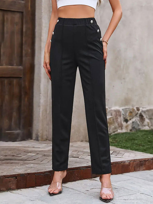 High Waisted Loose Buttoned Elasticity Solid Color Split-Joint Pants Trousers