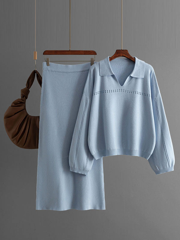 Loose Puff Sleeves Hollow Solid Color Sweater + Elasticity Skirt Two Pieces Set