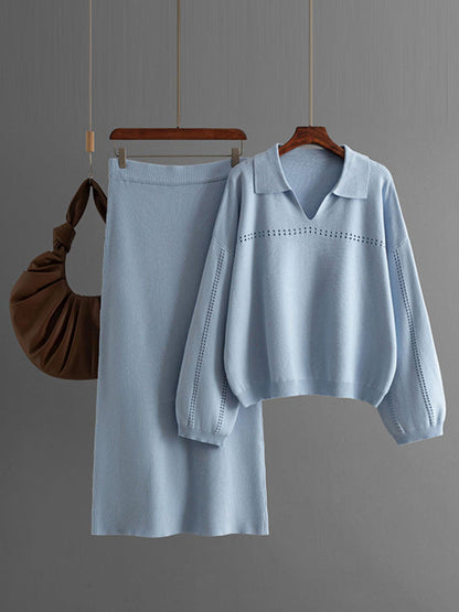 Loose Puff Sleeves Hollow Solid Color Sweater + Elasticity Skirt Two Pieces Set
