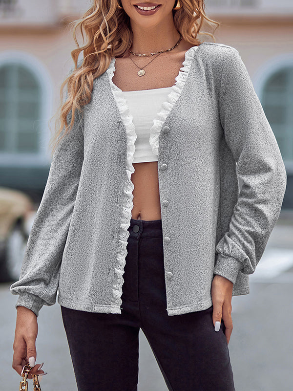 Long Sleeves Loose Buttoned Ruffle Trim Split-Joint V-Neck T-Shirts Tops