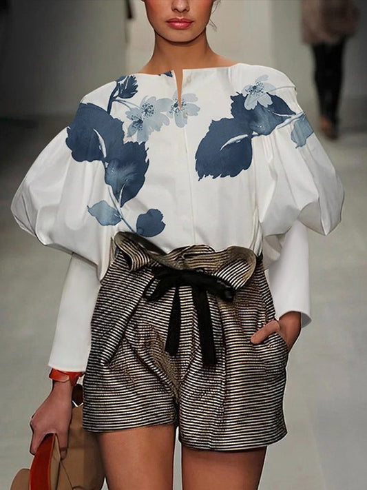 Loose Puff Sleeves Floral Printed Split-Joint Round-Neck Blouses