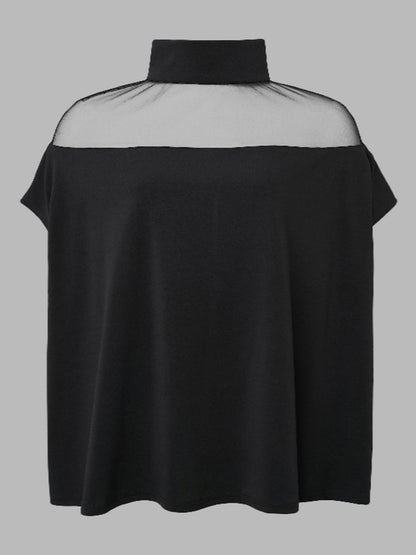 Batwing Sleeves Plus Size Cape See-Through Solid Color Split-Toe High-Neck Blouses&Shirts Tops
