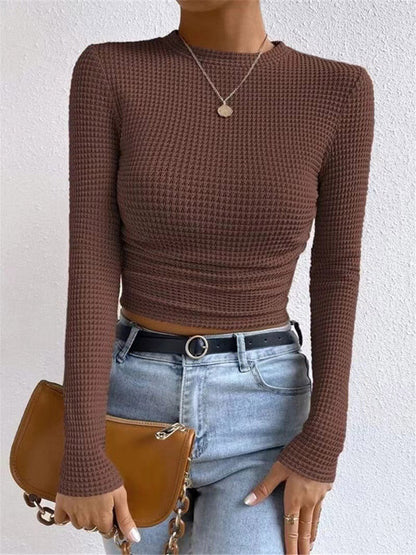 Long Sleeves Skinny Pleated Solid Color Split-Joint Textured Waffle Check Round-Neck T-Shirts Tops