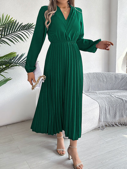 A-Line High Waisted Elasticity Pleated Solid Color V-Neck Maxi Dresses