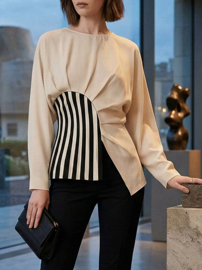 Irregularity Long Sleeves Asymmetric Pleated Split-Joint Striped Zipper Round-Neck Blouses&Shirts Tops