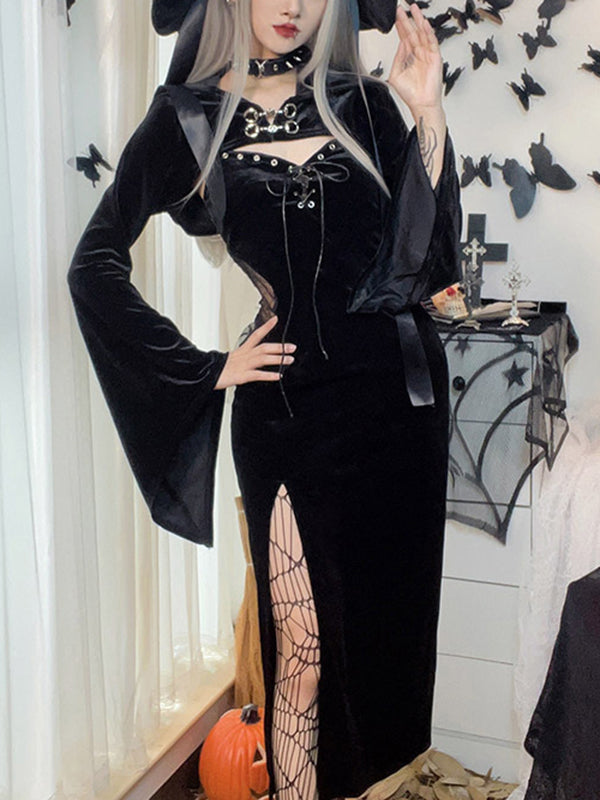 Flared Hooded Outer + Hollow Split-Side Midi Dress Two Pieces Set