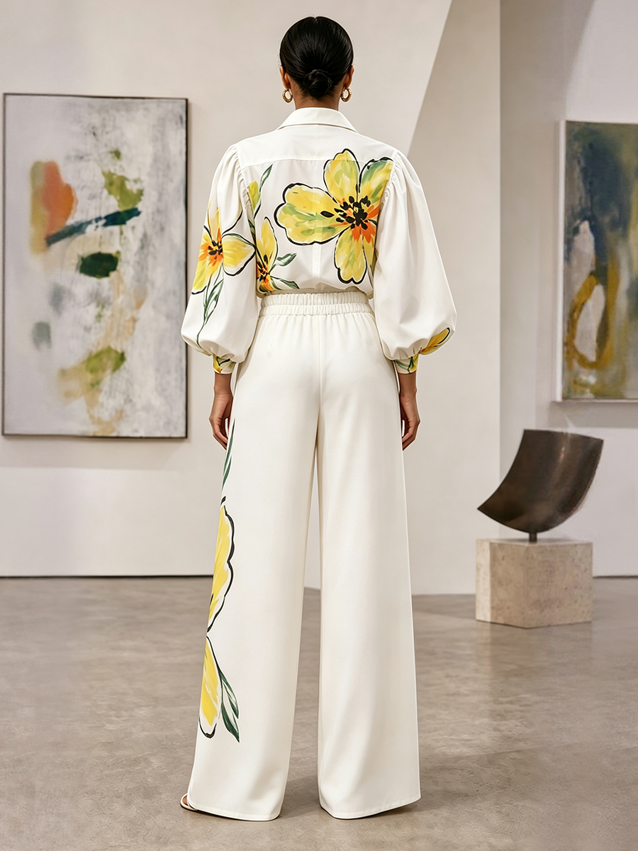 Pockets Flower Print Elasticity Contrast Color Wide Leg Loose Trousers Pants