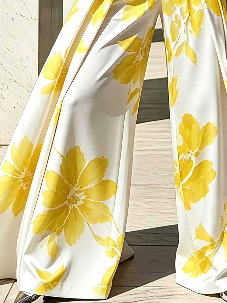 High Waisted Wide Leg Flower Print Pleated Pockets Pants Trousers