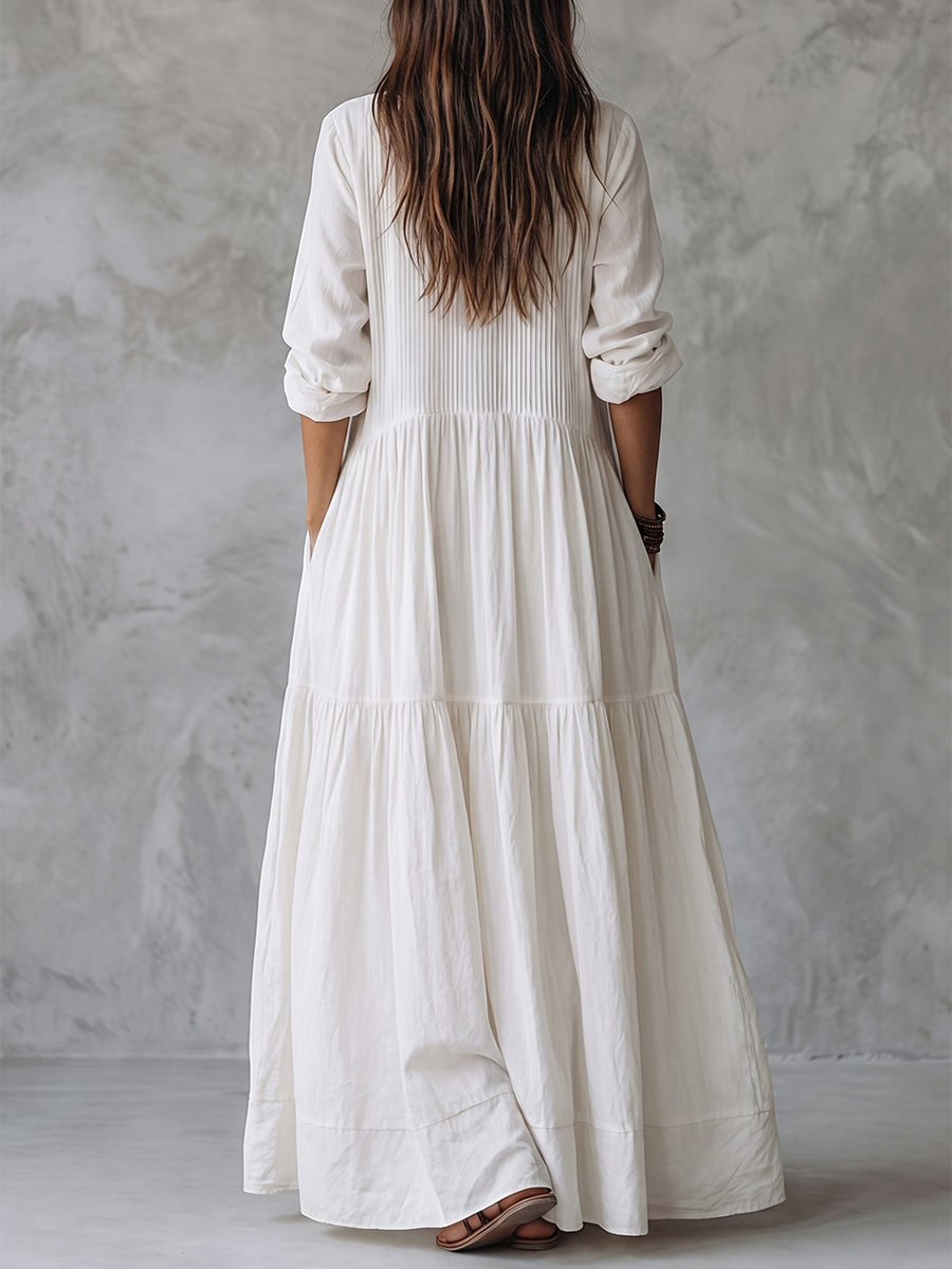 Split-Joint Solid Color Pockets Pleated Buttoned Loose Long Sleeves Round-neck Maxi Dresses