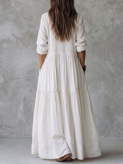 Split-Joint Solid Color Pockets Pleated Buttoned Loose Long Sleeves Round-neck Maxi Dresses