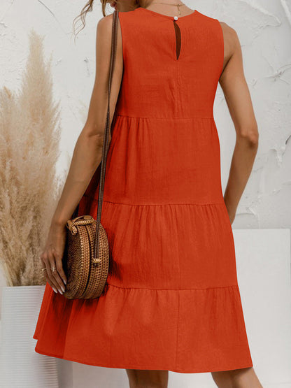 A-Line Loose Pleated Solid Color Tiered Round-Neck Mini Dresses
