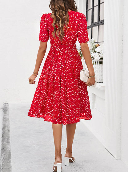 A-Line Elasticated Waist Contrast Color Polka Dot Split-Joint Tied Waist Round-Neck Midi Dresses
