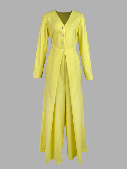 High Waisted Long Sleeves Buttoned Pockets Solid Color V-Neck Jumpsuits