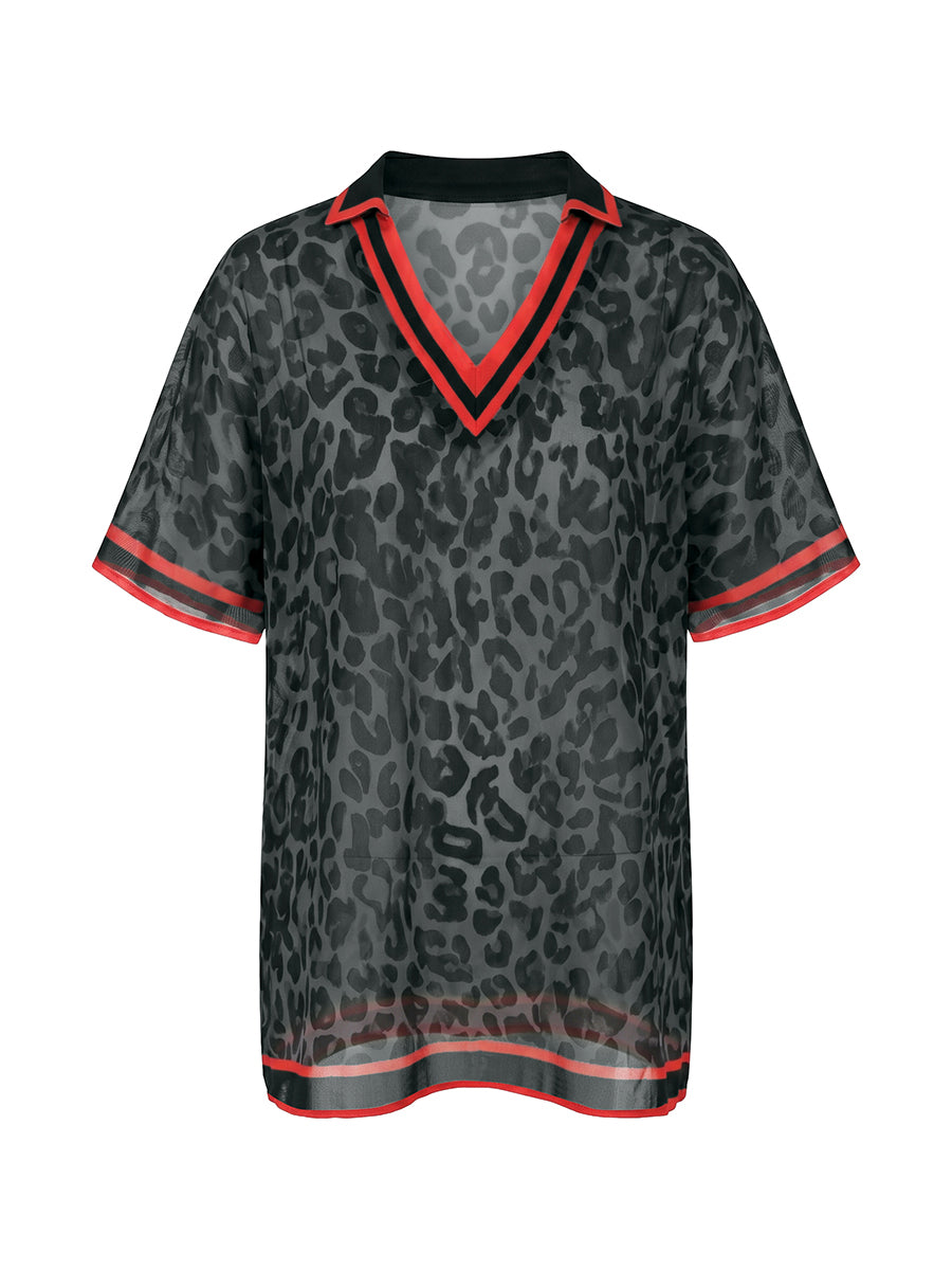 Loose Short Sleeves Contrast Color Leopard See-Through Split-Joint Striped Lapel Blouses&Shirts Tops