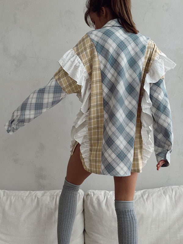 Long Sleeves Loose Buttoned Contrast Color Plaid Ruffle Trim Split-Joint Lapel Blouses&Shirts Tops