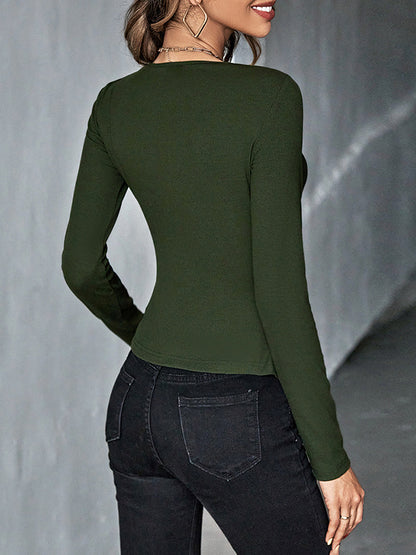 Long Sleeves Skinny Hollow Knot Solid Color Deep V-Neck T-Shirts Tops