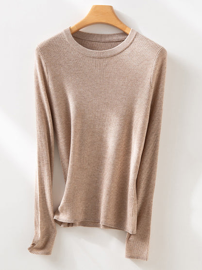 Long Sleeves Skinny Solid Color Round-Neck Knitwear Pullovers Sweater Tops