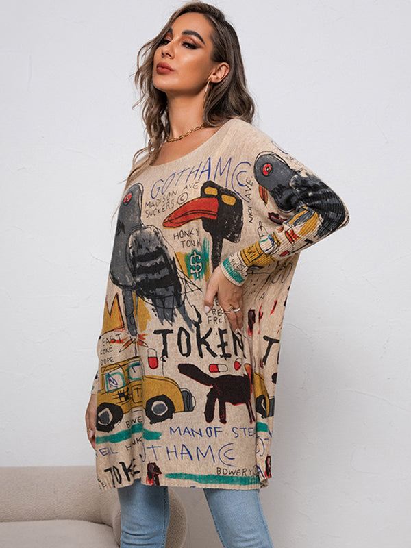 Casual Long Sleeves Loose Cartoon Printed Contrast Color Round-Neck Sweater Tops