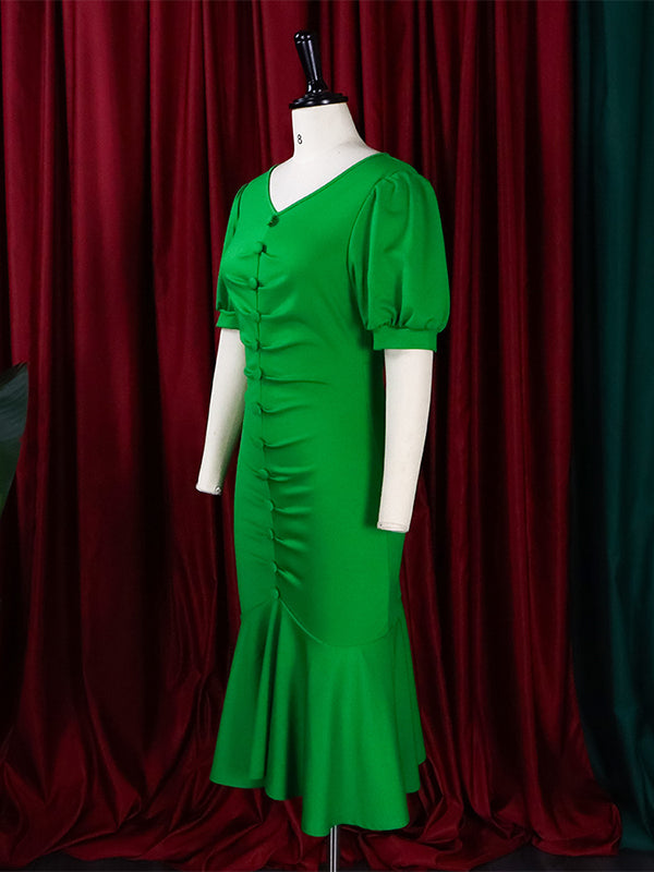 Bodycon Mermaid Pleated Solid Color Zipper V-Neck Midi Dresses